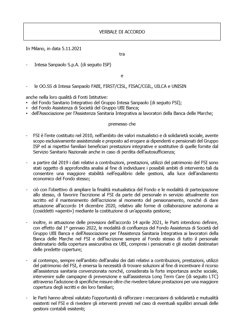 FABI Gruppo Intesa Sanpaolo - Accordo Fondo Sanitario Integrativo Di Gruppo